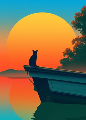 Cat on a Boat at Sunset