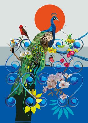 Peacock and Flowers