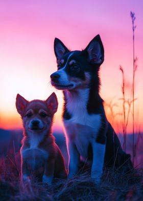 Two Puppies at Sunset