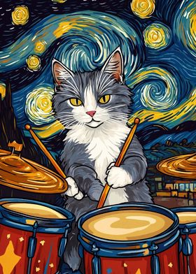 Cat Drummer Starry Night