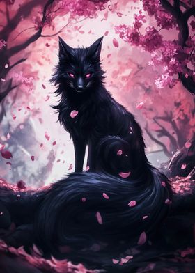 Black Fox in Cherry Blossoms