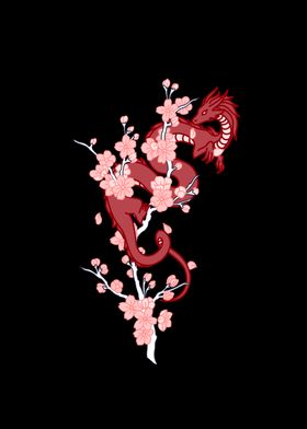 Red Japanese Dragon With Cherry Blossom Brench