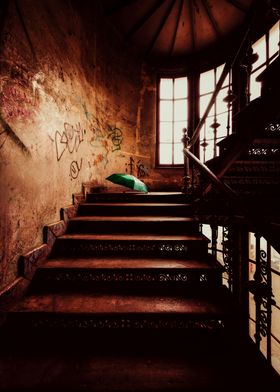 Old Staircase with Green Umbrella