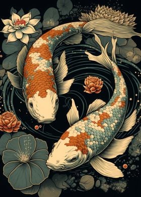 Koi Fish in Japanese Ukiyo Style