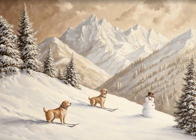 Dogs Skiing in Snowy Mountains