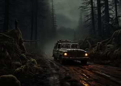 Car in Foggy Forest