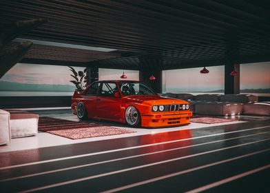 Red BMW E30 in Garage