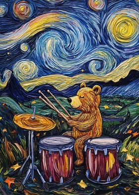 Bear Drumming Under Starry Night