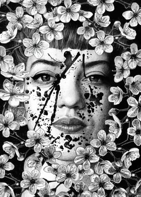 Black and White Portrait with Flowers