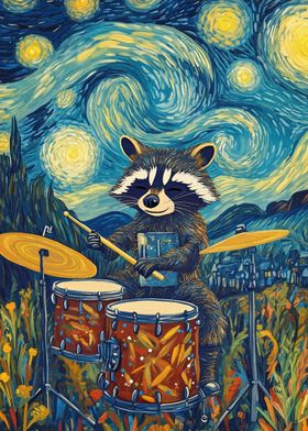 Raccoon Drummer Starry Night