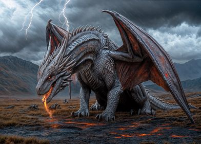 Fiery Breathing Dragon in Thunderstorm