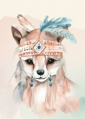 fox in Native American Headdress