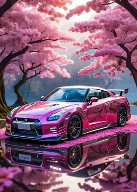 Pink Nissan GT-R in Cherry Blossoms