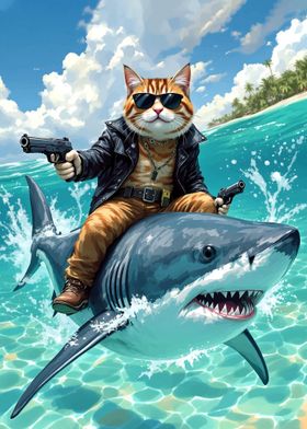 Cool Cat with Guns Riding Shark