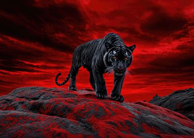 Black Tiger on Red Sky