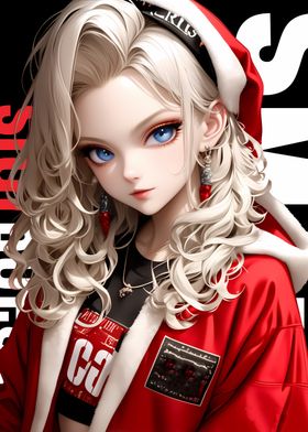 Anime Girl in Red Santa Jacket