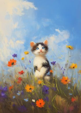 Kitten in a Field of Flowers