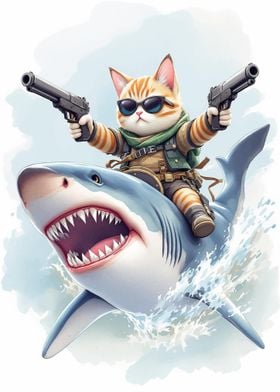 Cat with Guns Riding Shark 