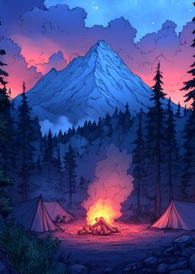 Campfire Under Mountain Sky