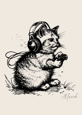 Gamer Cat Illustration Black and White