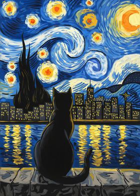 Cat Under Starry Night