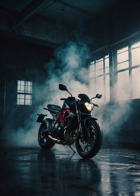 Black Motorcycle in Smoke