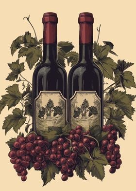 Red Wine Bottles and Grapes