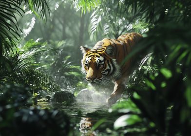 Tiger in Lush Jungle