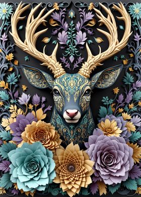 Papercut Deer with Floral Intricate Golden Patterns