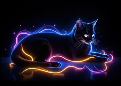 Mystical Black Cat with Neon Lights