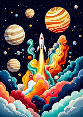 Rocket Launch in Space Digital Paper Art Illustration