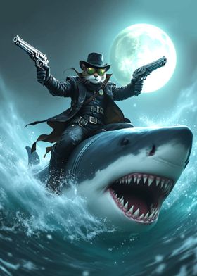 Cat with Guns Riding Shark