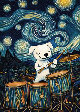 Dog Playing Drums Starry Night