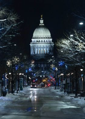 Snowy Madison WI Cityscape at Night