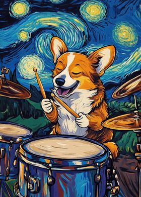 Corgi Drummer Starry Night