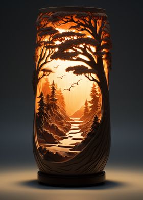 World Carved In Wooden Lamp