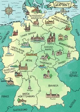 Watercolor Map of Germany (English version)