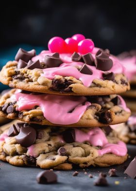 Chocolate Chip Cookies with Pink Glaze