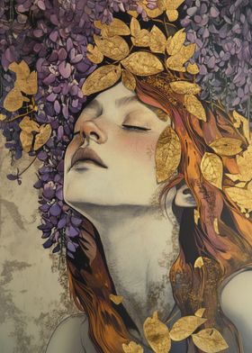 Art Noveau Woman with Golden Leaves and Wisteria