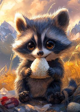 Cute Raccoon Eating Rice Ball