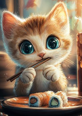 Cute Cat Eating Sushi