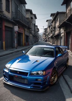 Blue Nissan Skyline R34