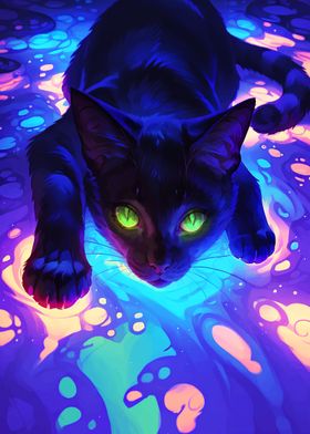 Black Cat in Neon Swirls