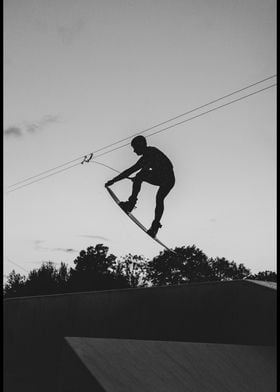 Youth Wakeboarder Black & White Silhouette Wakeboarding View