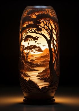 World Carved In Wooden Lamp