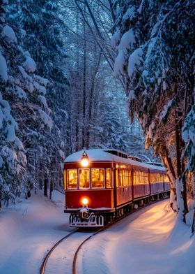 Winter Train in Snowy Forest