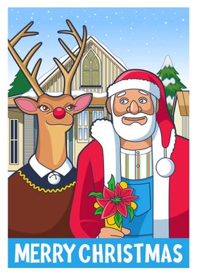 santa and reindeer christmas poster