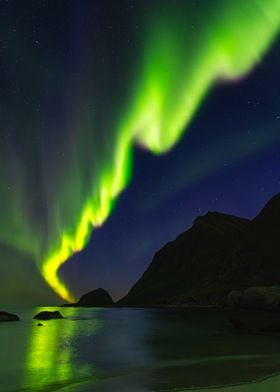 Northern Lights Over Mountains at Lofoten