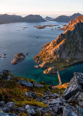 Golden Coastline: Lofoten Islands Sunset View from above