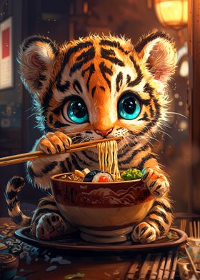 Cute Tiger Eating Ramen